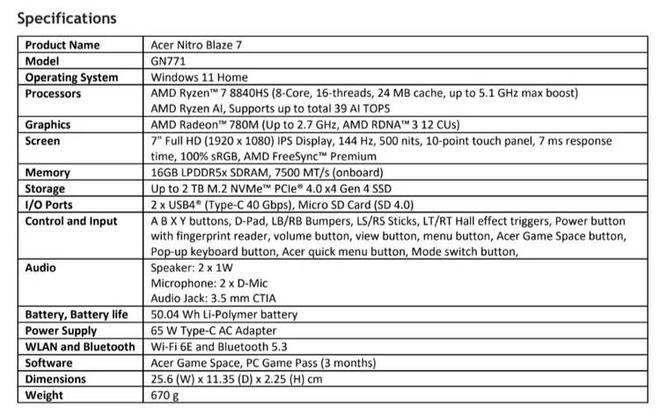 o Blaze 7曝光搭载Ryzen 7 8840HS九游会真人第一品牌游戏宏碁